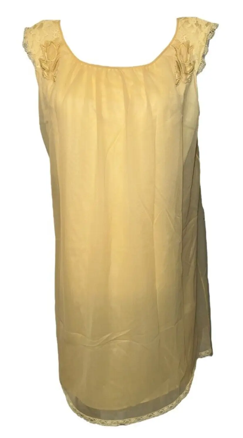 Vintage 1970s Yellow Chiffon Texsheen Lingerie Nylon Peignoir Nightgown Size Medium