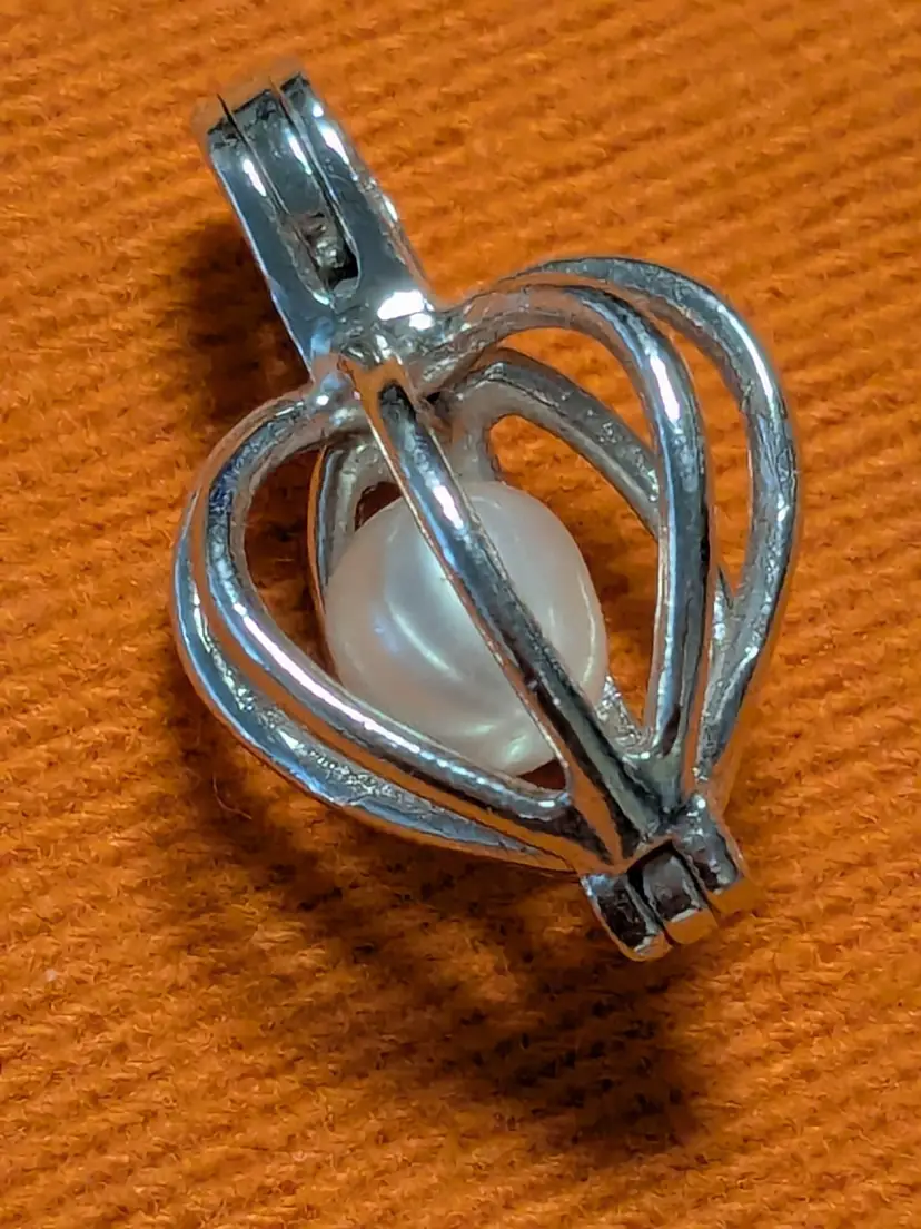 Sterling Silver Heart Caged Pearl Pendant Charm Jewelry