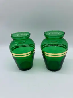 TWO GOLD-BANDED EMERALD GREEN GLASS BUD VASES, 4", c 1965