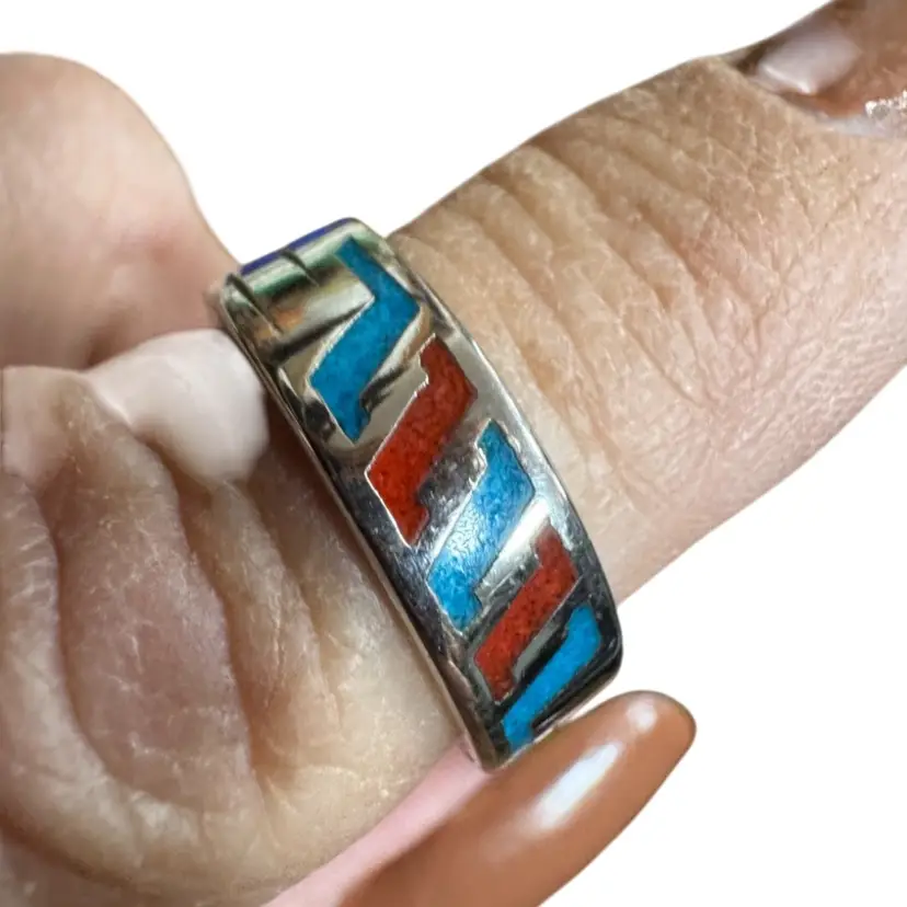 Vintage Navajo Native American Sterling Silver Turquoise & Coral Men’s Ring