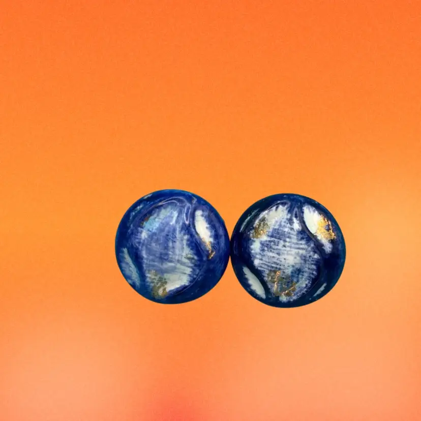 Vintage Made in Japan Clip-On Earrings – Hand-Painted Blue & Gold Porcelain, 1950s