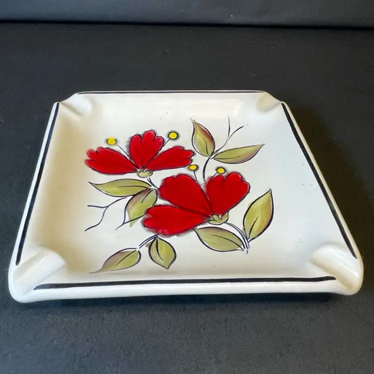 Vintage 1970's Brazilian Hand Painted Ceramic Pottery Ashtray with Red Flowers - Made in Brazil - Vintage Botanical Ashtray
