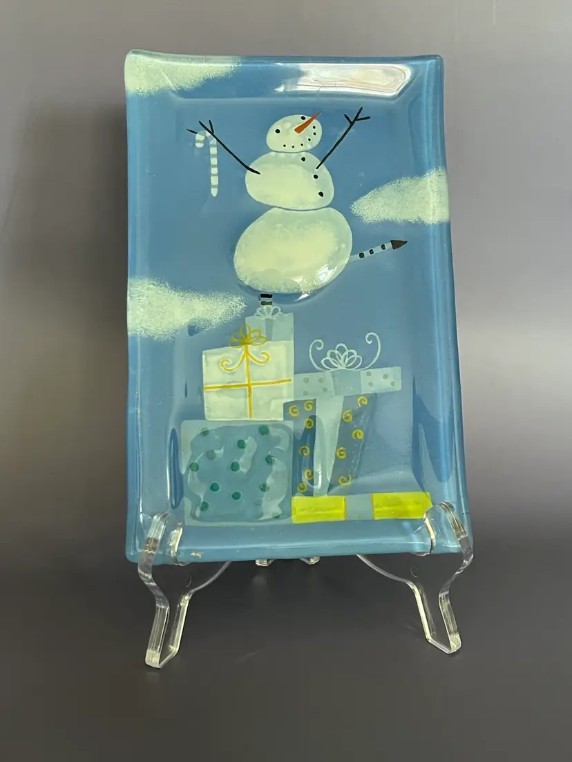 Winter Themed Pressed Glass Snowman Tray