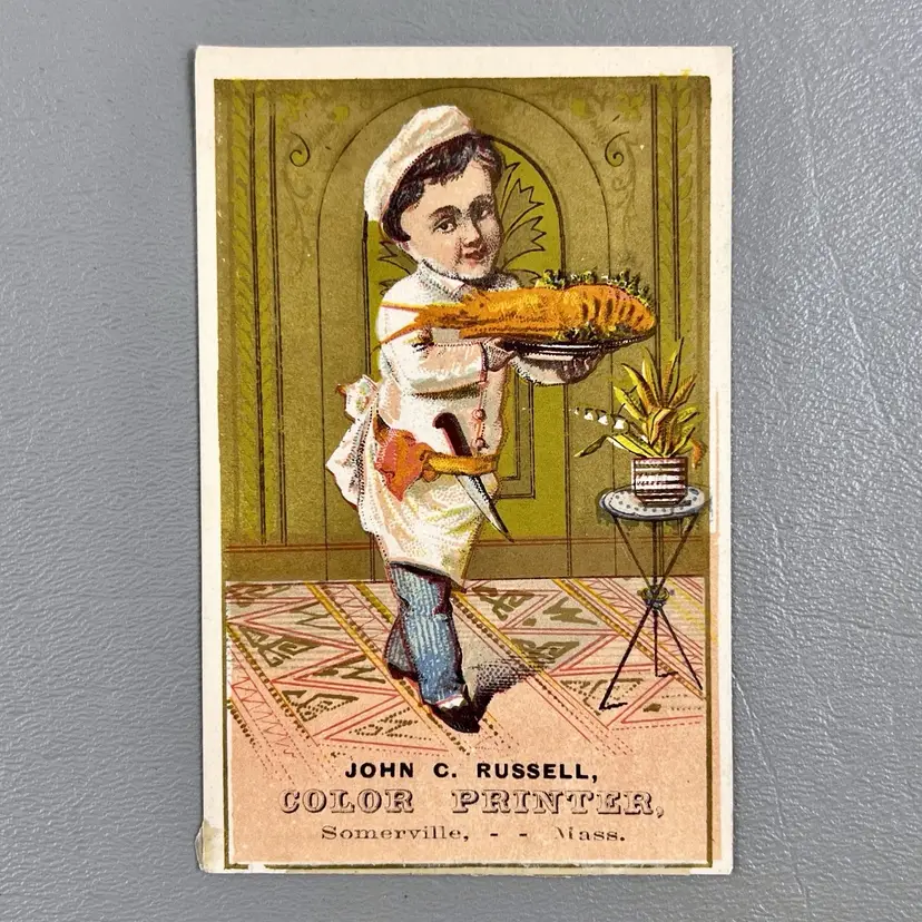 Victorian Trade Card Boy Chef Lobster Plate Somerville Mass John C Russell Color Printer