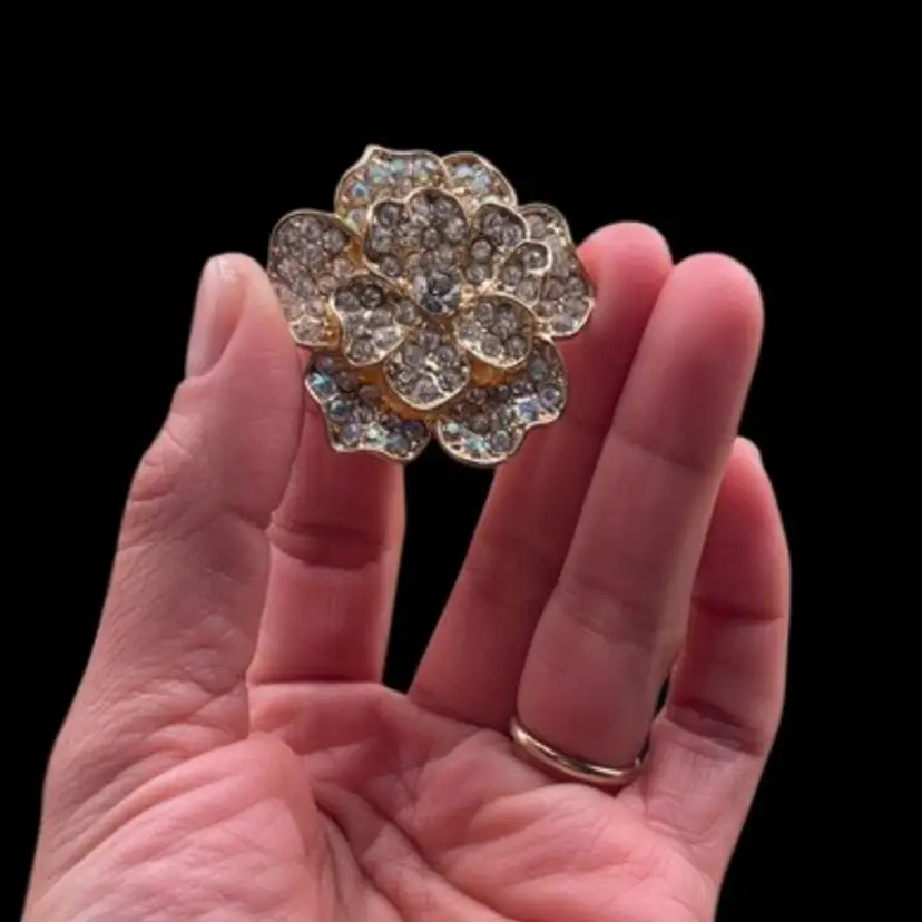 #42 Goldstone Clear & AB Encrusted Rhinestone Multi Tier Floral Brooch 1.5”