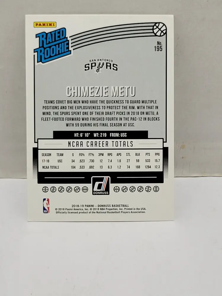 2018-19 Panini Donruss Rated Rookie #195 Chimezie Metu San Antonio Spurs