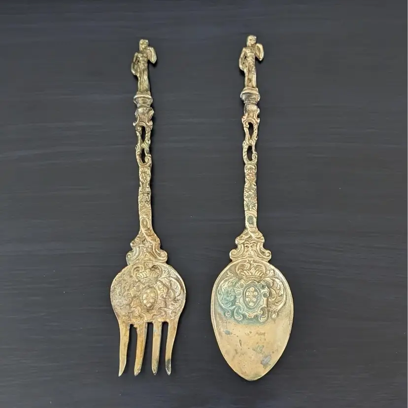 Antique Montagnani Ornate Brass Serving Fork & Spoon Italy Statue Of David 7.75”