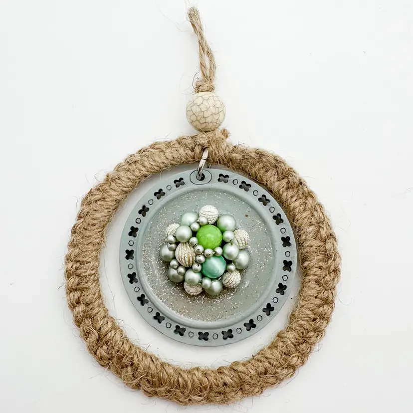 Faux Pearl Beaded Center Handmade Bauble Ornament Repurposed Jewelry Green