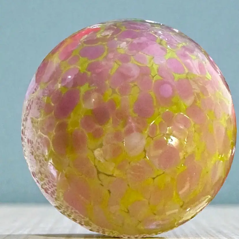 Vintage Hand-Blown art Glass orb 'Witch Ball' Ornament, Pink & Yellow - No Cracks Or Chips