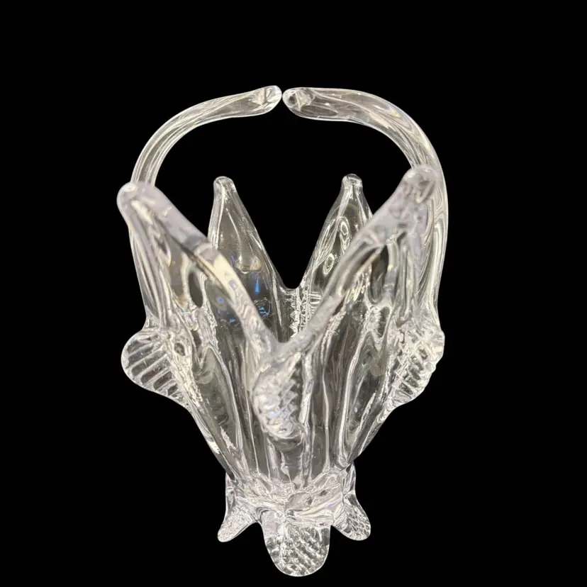 1970’s Crystal Chalet  Bomboniere Basket Candy Dish /Vase W/ Split Handle Home Decor
 8” T x 6” L x 5” W