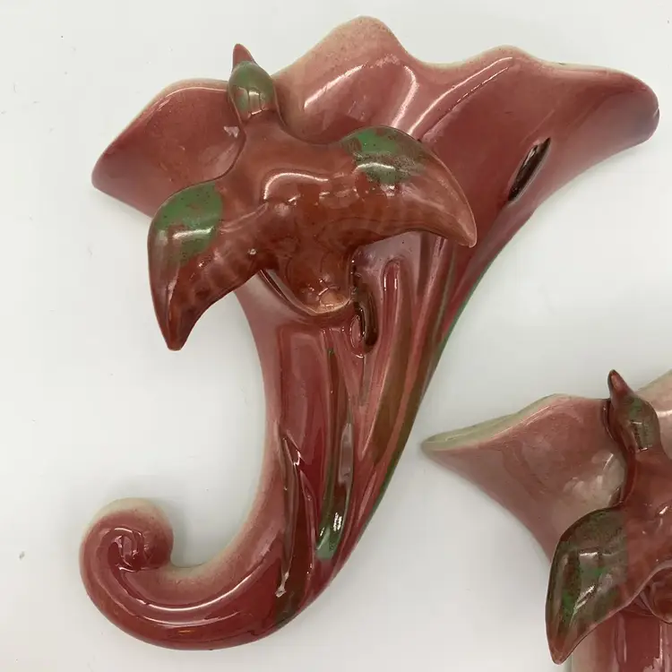 Vintage Wall Pocket Vases Pair With Ducks Cattails Pink Ceramic Pottery