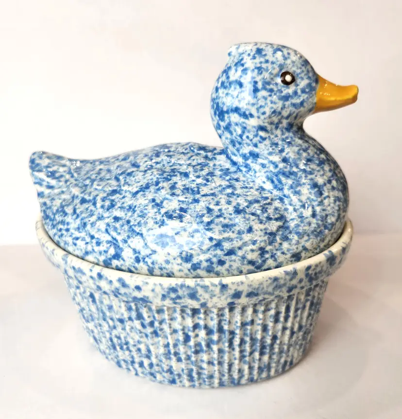 Pottery Craft Blue Sponge Paint Duck Covered Casserole Made in USA 5.5x3.75"