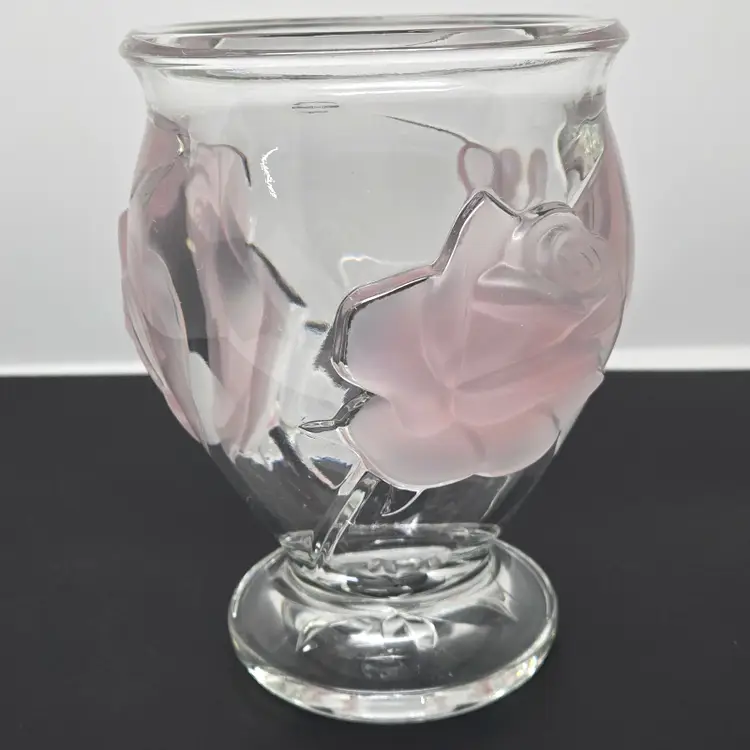 Teleflora Transparent Glass Vase with Raised Pink Frosted Roses, Made in France