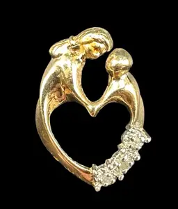 10k Yellow Gold Samuel Aaron Mother & Child Heart Pendant with 3 Diamond Accents