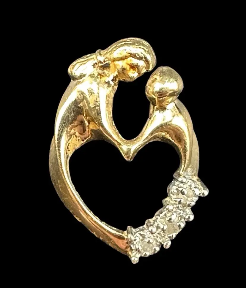 10k Yellow Gold Samuel Aaron Mother & Child Heart Pendant with 3 Diamond Accents