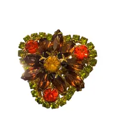 Floral Topaz, Orange And Green Rhinestone Brooch