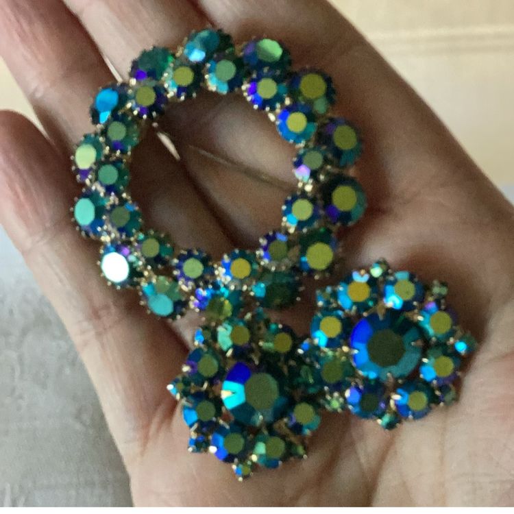 Vintage AB Rhinestones Blue/green Tones Brooch And Clip Earrings Set