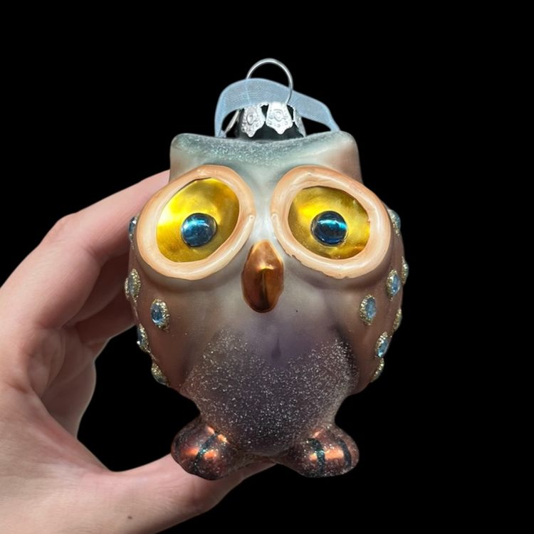 Colorful Blown Glass Owl Ornament With Sparkles And Rhinestones, Pier One Owl Ornament
