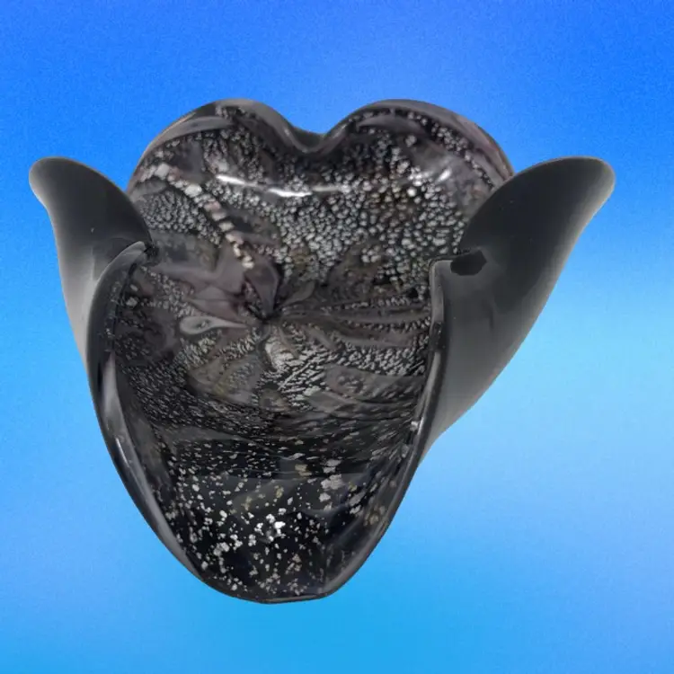 Murano Glass Ashtray Trinket Bowl Black Triangular Adventurine Smooth Pontil