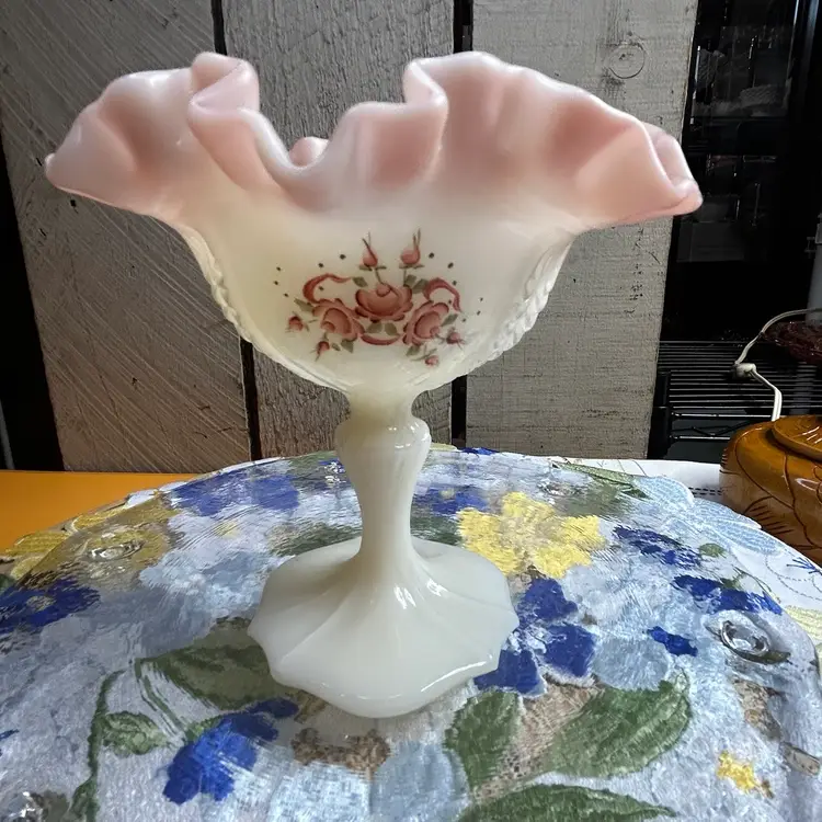 Vintage Fenton Rose Garden Hand-Painted And Artist Signed Compote, Burmese glass.