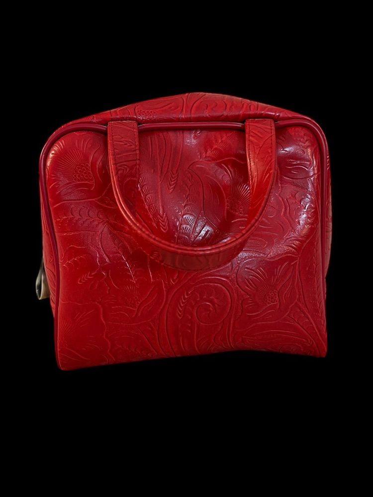 Red Embossed Oscar De La Renta Make Up Bag