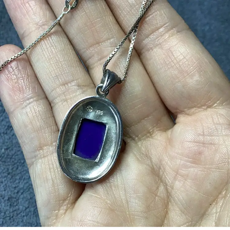 Sterling Silver Necklace/pendant Blue Glass 24”