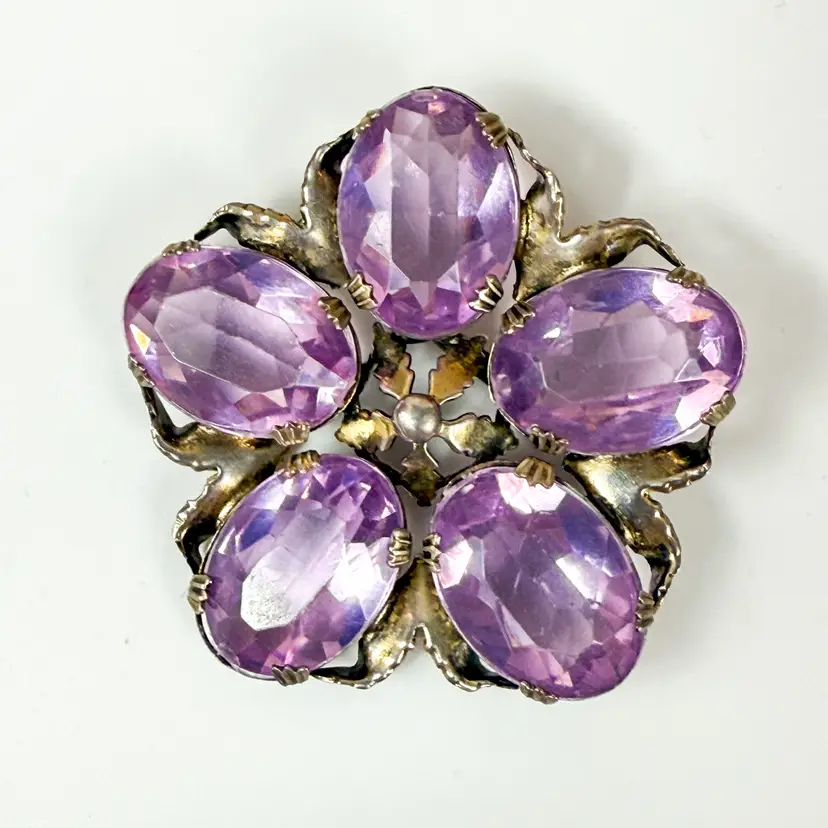 Sterling Silver Sterling Silver Purple Rhinestones Brooch