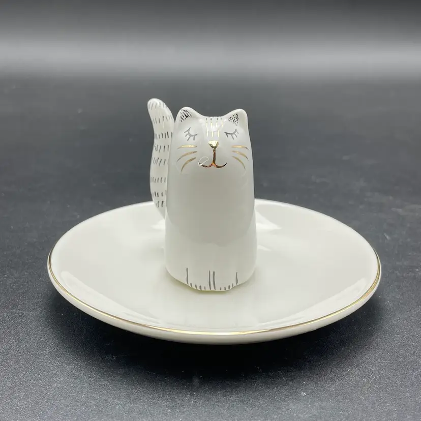 Cat Kitty Kitten Ring Jewelry Trinket Dish Holder White Ceramic with Gold Accent