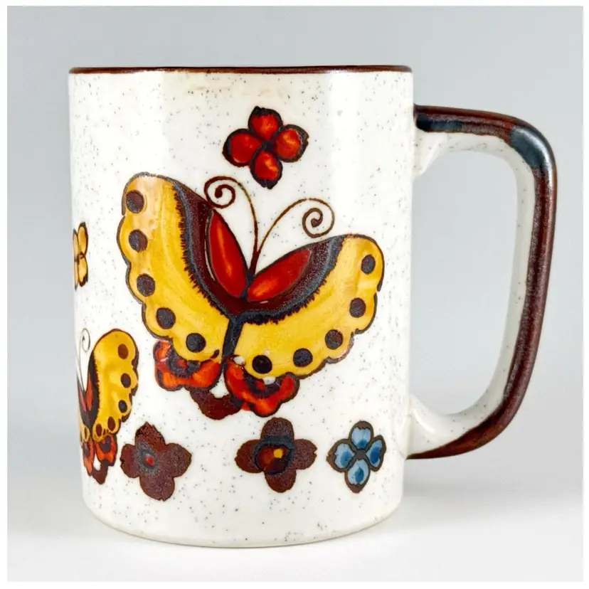 Otagiri Yellow Butterflies Stoneware Mug Speckled Flower Metallic Coffee Cup Vtg
