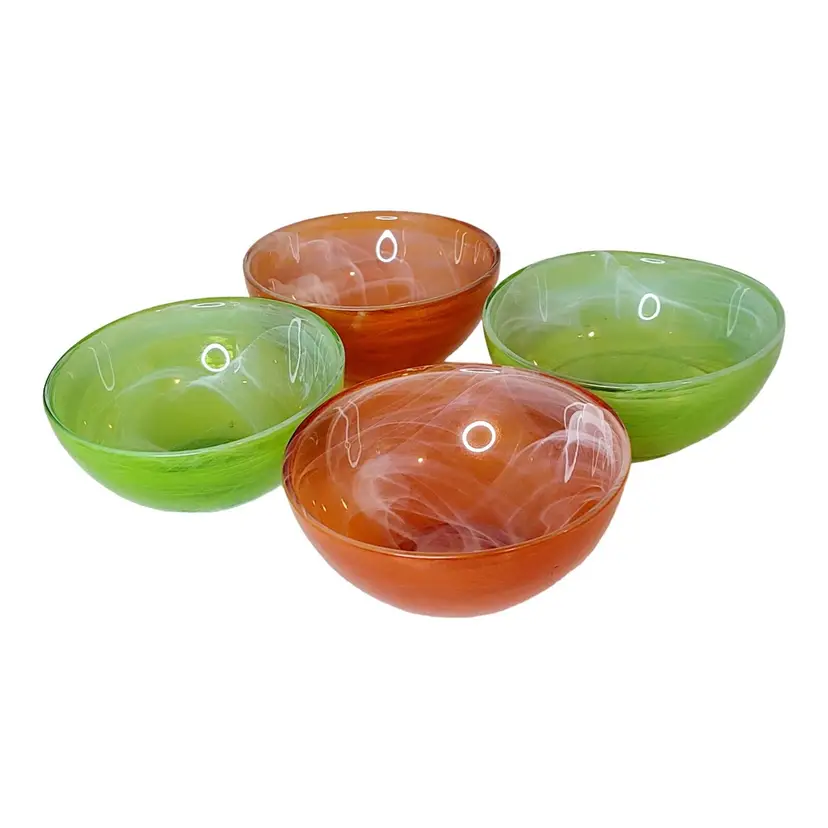 Set of 4 Vtg Floral Debi Lilly Recycled Green Orange Glass Bowls With Swirls