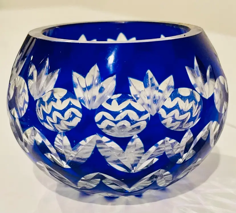Cut-To-Clear Blue Bowl Romania Flower Floral Votive Candle Holder  2.5” x 2.5”