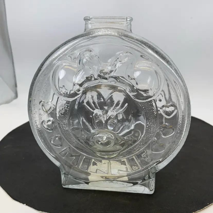#0112 Vintage Anchor Hocking Walt Disney Mickey & Minnie Mouse clear glass bank.