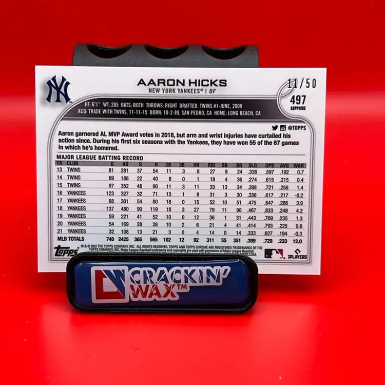 Aaron Hicks 2022 Topps Chrome Sapphire Yellow Refractor 11/50 New York Yankees