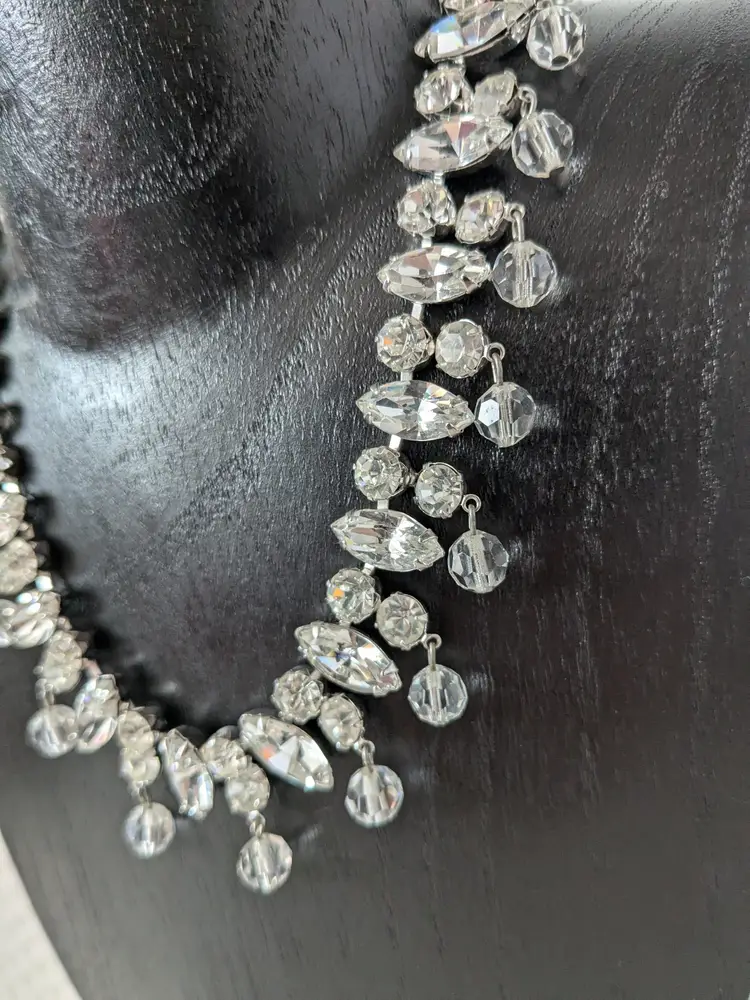 Vintage Kramer Rhinestone Necklace Signed Rhodium Plated Pre 1950 Costume Jewelry Designer