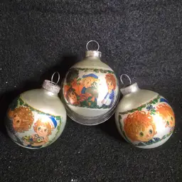 Vintage 1974 Raggedy Ann & Andy Glass Christmas Ornaments Set of 3 The Bobbs-Merrill Co 1.5"