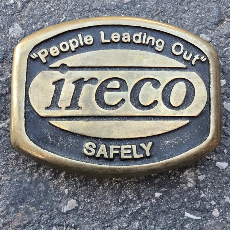 Brass Belt Buckle ireco "People Leading Out" SAFELY 3¼×2½" Handmade Anacortes WA Vintage