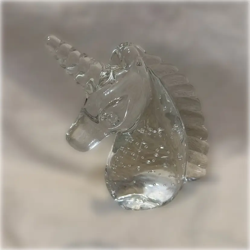 Glows! Unicorn Bubble Glass Clear Figurine Paperweight Controlled Bubbles - 4”