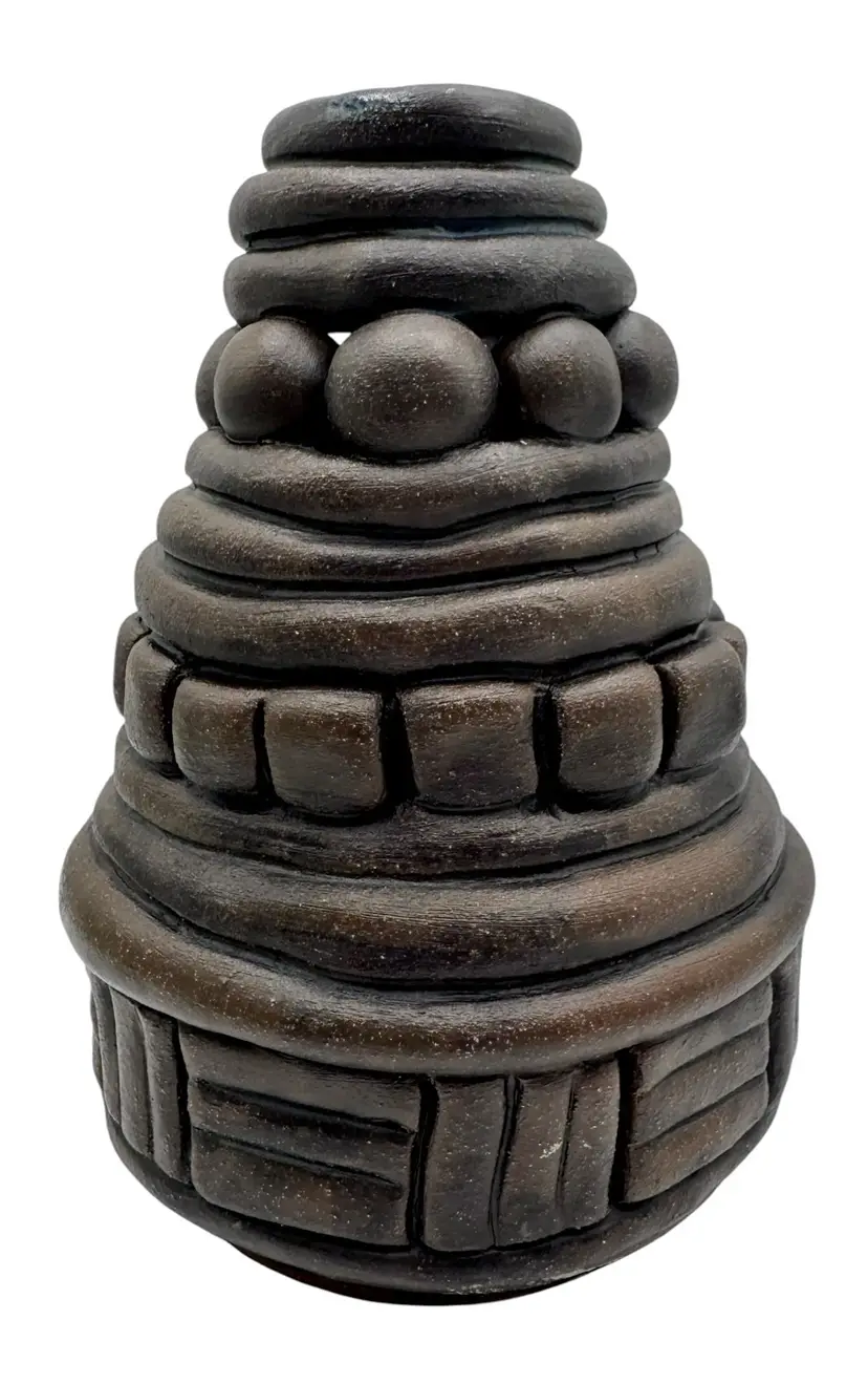 Vintage Handmade Coil Pottery Vase Free Form Abstract Dark Brown Cone 7.25β