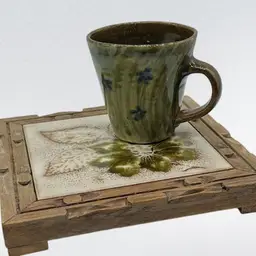 Table Top Trivet S Marco Tile In Rustic Hand Carved Wooden Footed Frame, Italy, Comes With Pottery Mug