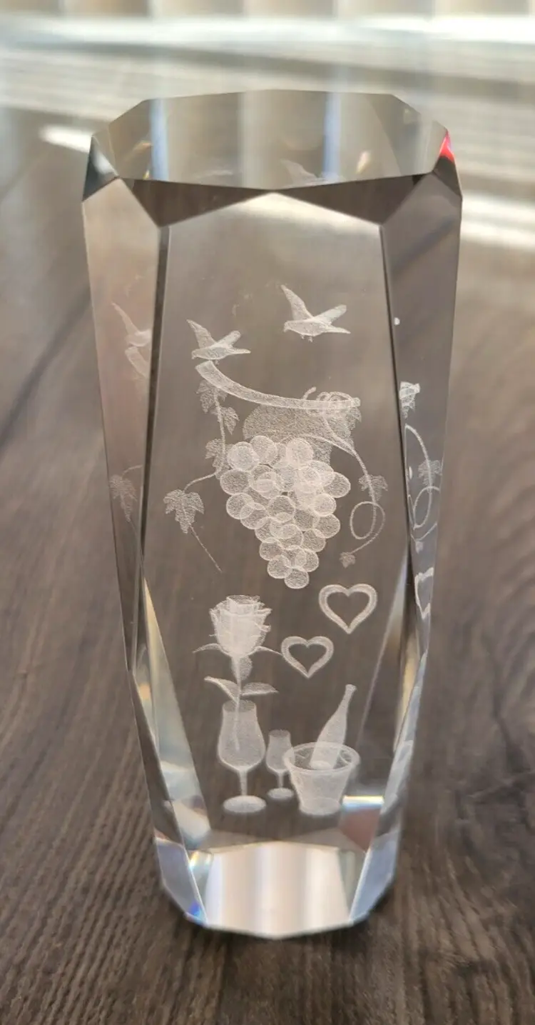 3D Laser Etched Crystal Glass Paperweight Grapes, Wine & Birds Decor 6" Tall