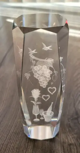 3D Laser Etched Crystal Glass Paperweight Grapes, Wine & Birds Decor 6" Tall
