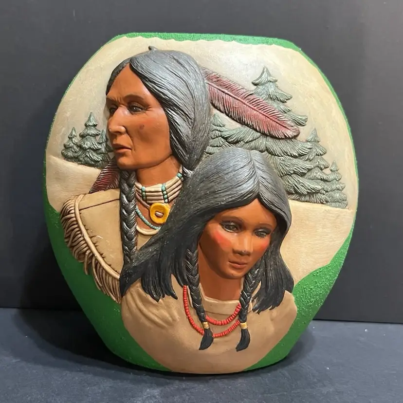 Hand Painted Vase Native American Scene, Signed ~7.75” x 8” x 4.25”