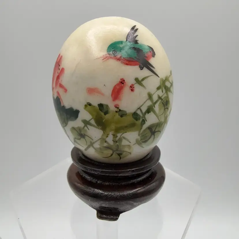 Hand Painted Stone Egg On Stand Bird Flowers Asian