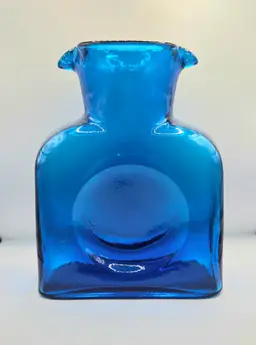 Blenko 384 Water Bottle in Vintage Turquoise Shade. 8.5" x 6.5" x 3". Older Version of Water Bottle.