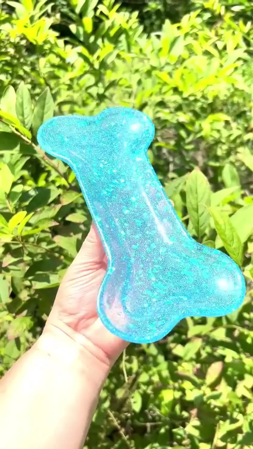 Dog Bone Shaped Sparkling Blue Trinket Tray. 8” long. Great for coins, jewelry, keys, wrapped candy.