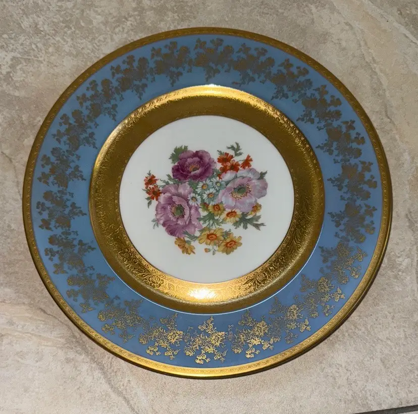 Blue & Gold Floral 11" Dinner Plate - Wheeling Decorating - c.1900-1962