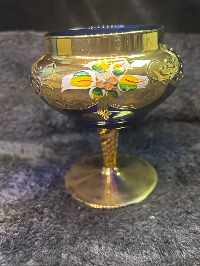 VINTAGE BOHEMIAN COBALT BLUE 24K GOLD STEM GLASS HAND MADE 3D ENAMEL FLOWERS