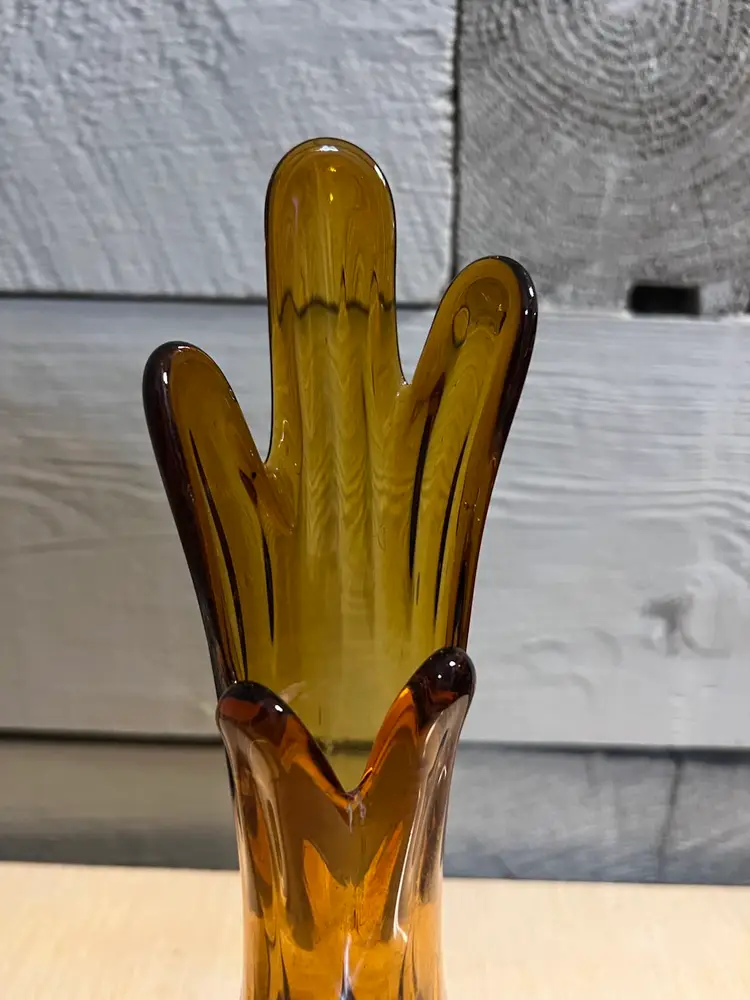 Vintage MCM Amber Swung Vase Amber Dark Rootbeer Five Finger 10” Tall