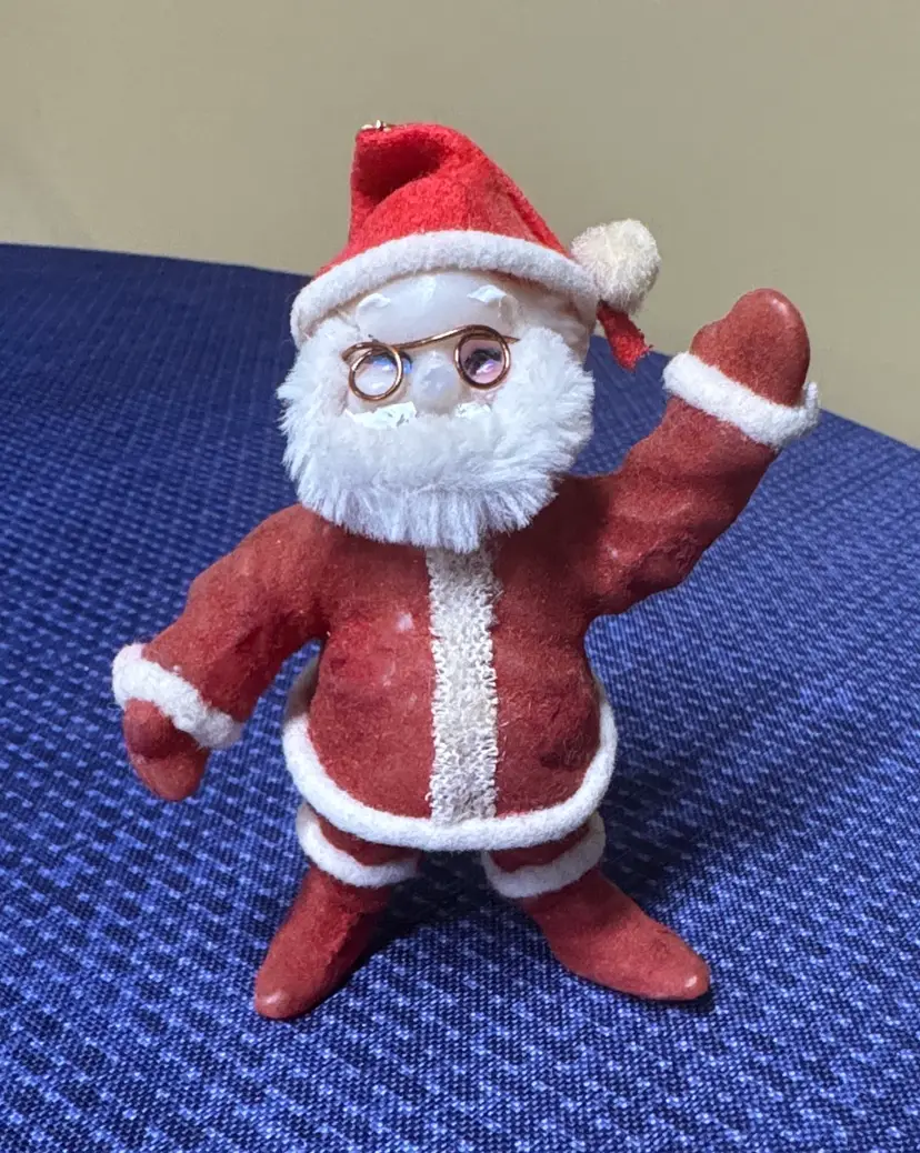 Santa Claus Flocked Vintage ornament with plastic face, wire glasses 4.75” tall