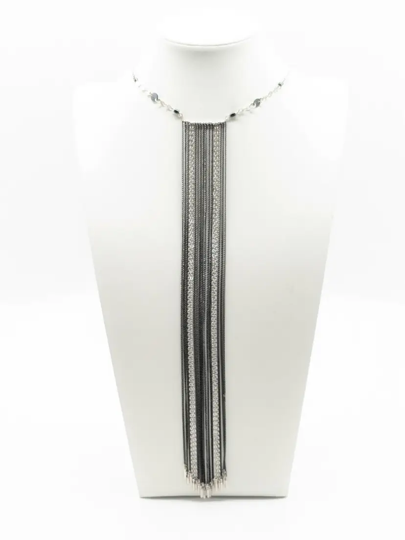 Silver and Black Tone Long Fringe Necklace